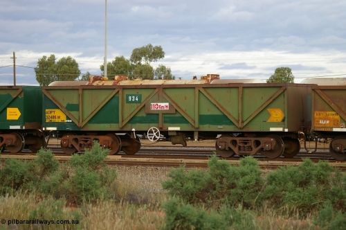 PD 12862
West Kalgoorlie, AOPY 32406 with fleet number 934, one of seventy ex ANR coal waggons rebuilt from AOKF type by Bluebird Engineering SA in service with ARG on Koolyanobbing iron ore trains. They used to be three metres longer and originally built by Metropolitan Cammell Britain as GB type in 1952-55, seen here in a rake with sister waggons.
Keywords: Peter-D-Image;AOPY-type;AOPY32406;Bluebird-Engineering-SA;Metropolitan-Cammell-Britain;GB-type;