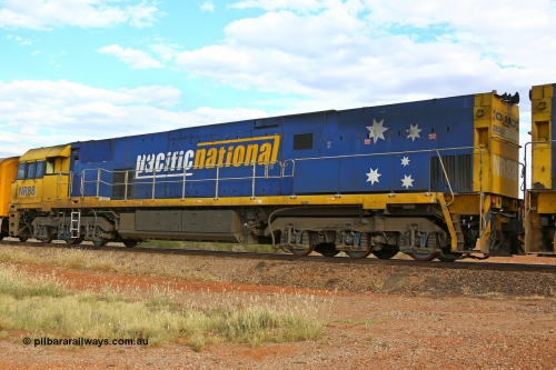 210407 9846
Parkeston, Pacific National's NR class unit NR 88, second unit on intermodal freight service 2MP5. NR 88 was built by Goninan WA for National Rail in 1997 and is a GE Cv40-9i model with serial number 7250-05 / 97-290. 7th of April 2021.
Keywords: NR-class;NR88;Goninan-WA;GE;Cv40-9i;7250-05/97-290;