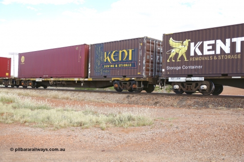 210407 9884
Parkeston, 2MP5 intermodal train, RQSY type container waggon RQSY 34387 was originally built by Goninan NSW as an OCY type in a batch of one hundred in 1974/75. Recoded to NQOY, then NQSY, then to National Rail as RQSY in 1994. Loaded with a Kent Moving and Storage 20' 25G1 type container KENU 100445 and a 40' 4FG1 type container for CS Leasing SLZU 760025.
Keywords: RQSY-type;RQSY34387;Goninan-NSW;OCY-type;NQOY-type;
