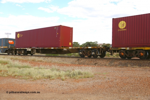 210407 9885
Parkeston, 2MP5 intermodal train, NQKY type container waggon NQKY 34651 was originally built in a batch of two hundred CDY type open waggons by EPT (Electric Power Transmission) NSW between 1975 and 1976. Recoded to NOCY then modified in 1997 to NQKY. Loaded with a CARU Specialized Leasing 40' 4FG1 type container SLZU 760199.
Keywords: NQKY-type;NQKY34651;EPT-NSW;CDY-type;NOCY-type;