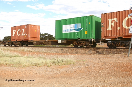 210407 9903
Parkeston, 2MP5 intermodal train, RQHY type 3 TEU container waggon RQHY 7007, built by Qiqihar Rollingstock Works in China as part of a seventy eight unit order in 2005/06 for Pacific National. Loaded with two 20' containers, 25G1 type Containers First WMSU 962237 and FCL's FCGU 960470.
Keywords: RQHY-type;RQHY7007;Qiqihar-Rollingstock-Works-China;