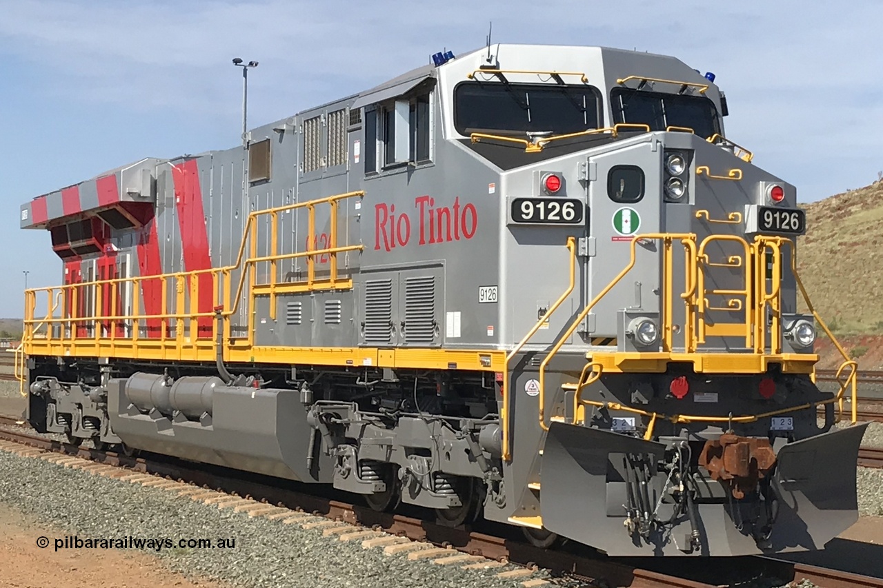 180208 4371
Cape Lambert Yard. Brand new GE built ES44ACi unit 9126 serial 64632 built date of October 2017 in owner's Rio Tinto stripe livery. 8th February 2018.
Roland Depth image.
Keywords: ES44ACi;GE;9126;64632;
