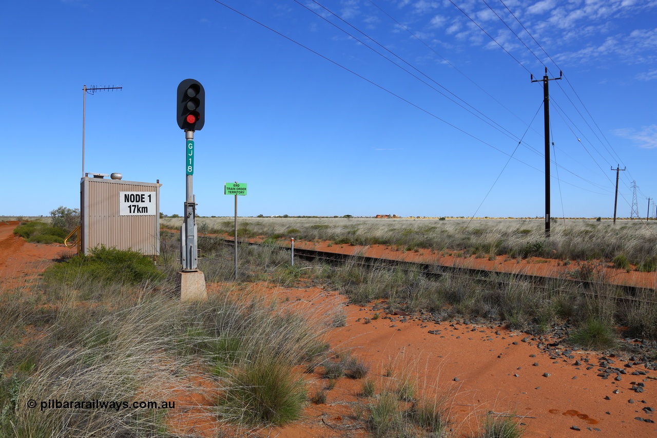 180614 1334
Goldsworthy Junction, Node 1 at the 17 km looking south west, new type LED tilt mast for signal GJ18. Steel train stabled at the junction. [url=https://goo.gl/maps/FwgdvYma93C2]GeoData[/url]. 14th June 2018.
