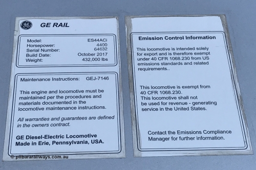 180208 4370
Cape Lambert Yard. Builders decal of brand new GE built ES44ACi unit 9126 serial 64632, built date of October 2017. 8th February 2018.
Roland Depth image.
Keywords: 9126;GE;ES44ACi;64632;
