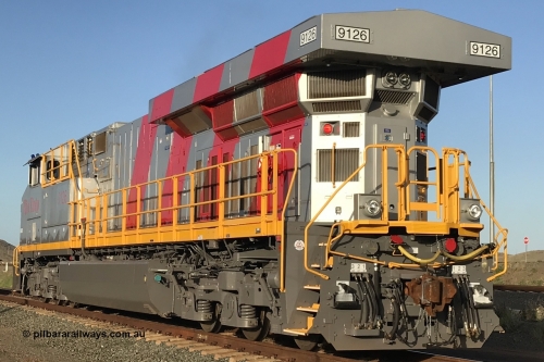 180208 4372
Cape Lambert Yard. Rear view of brand new GE built ES44ACi unit 9126 serial 64632 built date of October 2017 in the owners Rio Tinto stripe livery. 8th February 2018.
Roland Depth image.
Keywords: 9126;GE;ES44ACi;64632;