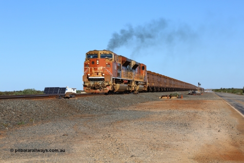 180615 1472
Bing South, BHP Billiton's Progress Rail built EMD model SD70ACe unit 4455 serial 20138907-006 with 4356 second unit powers along the west mainline with a loaded rake heading for Finucane Island. 15th June 2018.
Keywords: 4455;Progress-Rail-USA;EMD;SD70ACe;20138907-006;