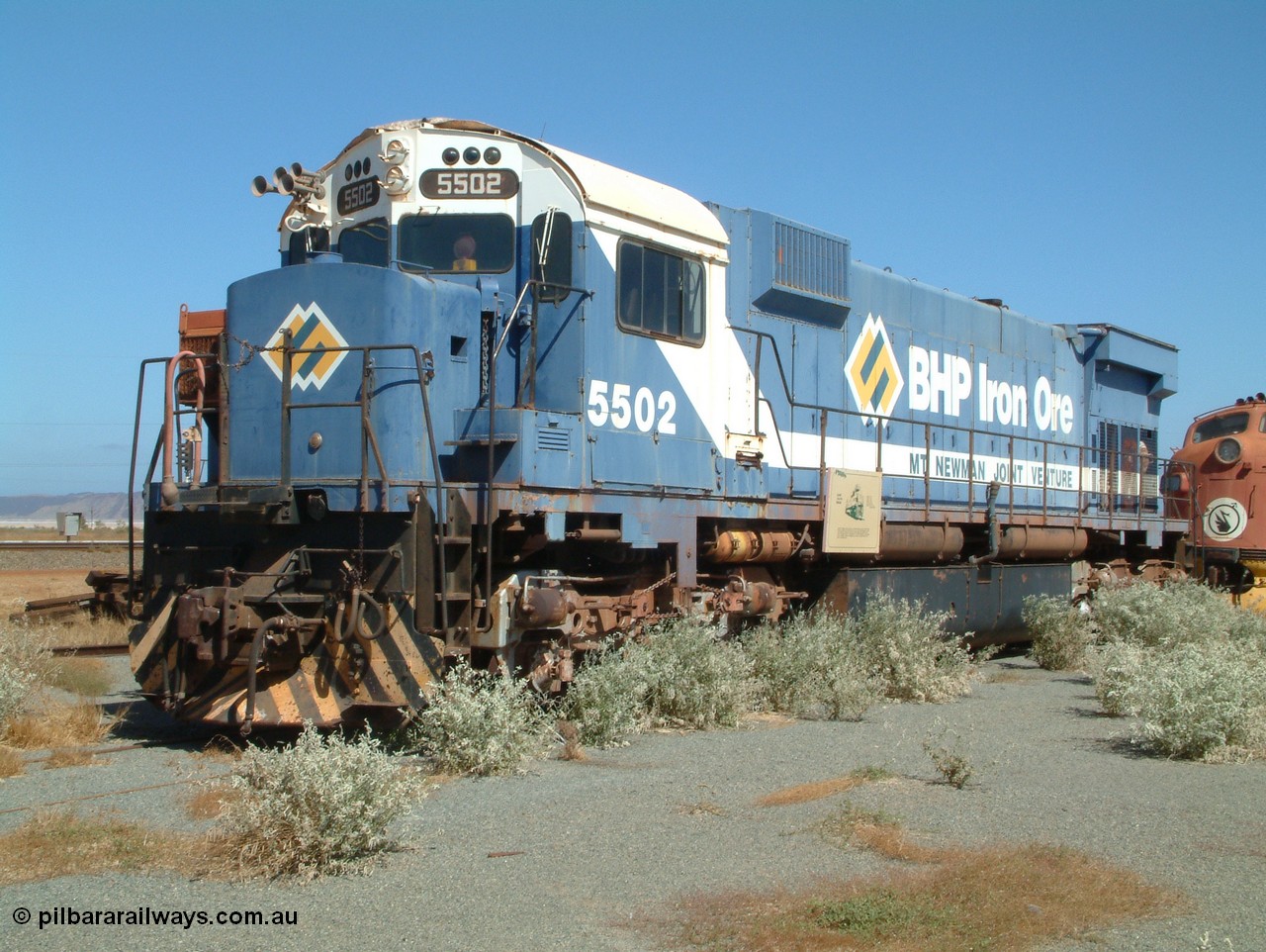 050109 092926
Pilbara Railways Historical Society, Australian built by Comeng NSW an MLW ALCo M636 unit formerly operated by Mt Newman Mining and BHP Iron Ore 5502 serial number C6096-7 built July 1976, retired in 1994 and donated to the Society in 1995. 9th October 2005.
Keywords: 5502;Comeng-NSW;MLW;ALCo;M636;C6096-7;