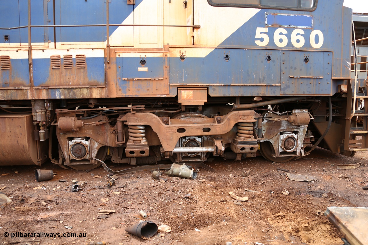 160128 00403
Wedgefield, Sims Metal Yard, drivers side cab view of the ALCo Hi-Ad bogie with external secondary coil suspension of the original M636 unit 5478.
Keywords: 5660;Goninan;GE;CM40-8M;8412-05/94-151;rebuild;AE-Goodwin;ALCo;M636C;5478;G6047-10;