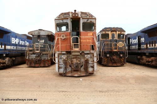 160128 00408
Wedgefield, Sims Metal Yard, front view of Goninan rebuilt GE model CM40-8M 5655 serial 8412-12, builders no. 93-146 flanked on the left by older sister unit 5642 and on the right by sister 5653. Note these two newer rebuilds have marker lights while 42 has none but has a snow plough on the no. 2 end.
Keywords: 5655;Goninan;GE;CM40-8M;8412-12/93-146;rebuild;AE-Goodwin;ALCo;M636C;5474;G6047-6;