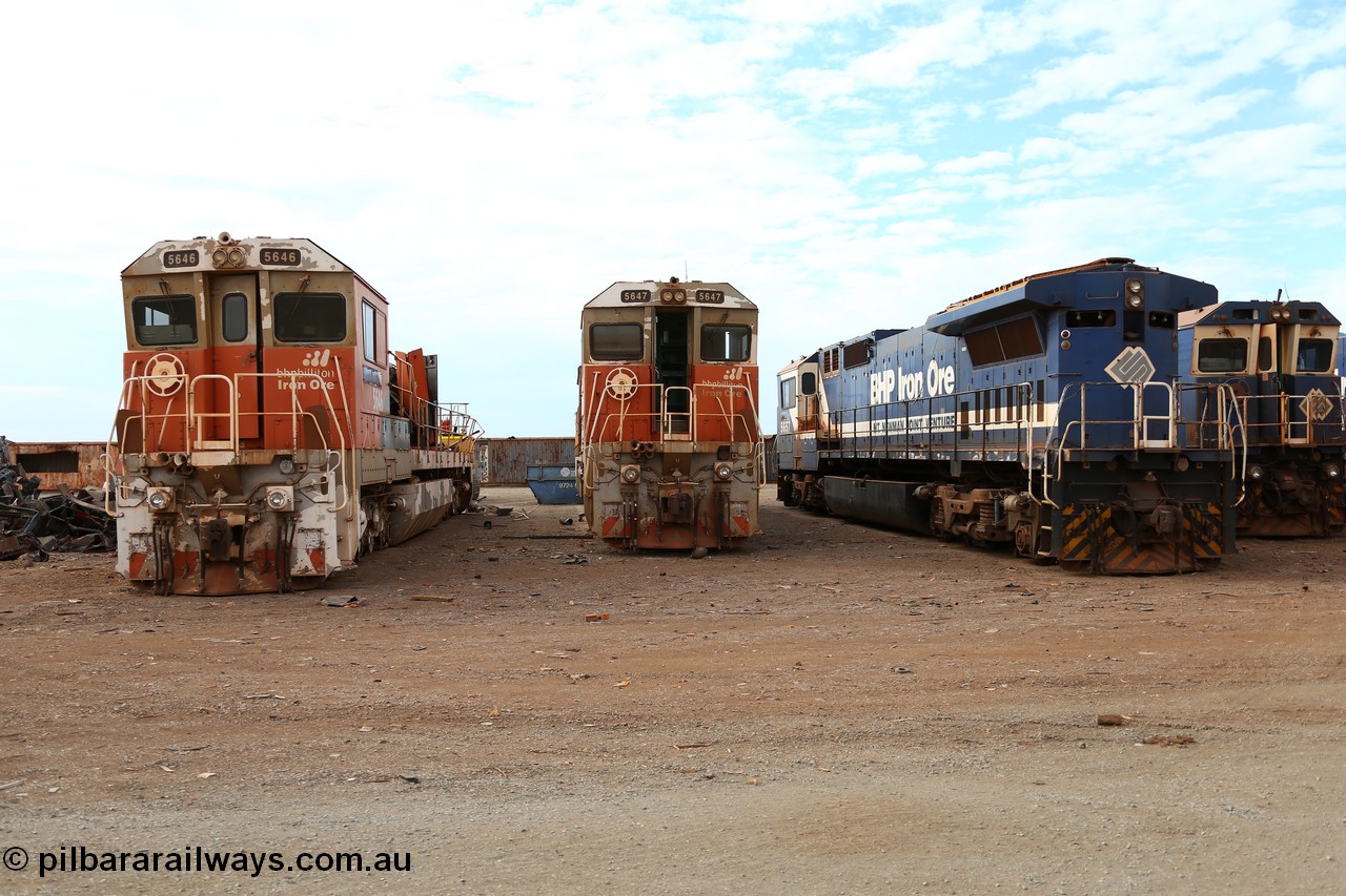 150522 8167
Wedgefield, Sims Metal yard, the first batch of BHP Billiton Dash 8 locos to be scrapped, 5646 serial 8244-11/92-135 and 5647 serial 8244-12/92-136 were a pair of new Goninan WA CM40-8 model built in 1992 with a Goninan ALCo rebuild 5657 beside them.
Keywords: 5646;Goninan;GE;CM40-8;8244-11/92-135;