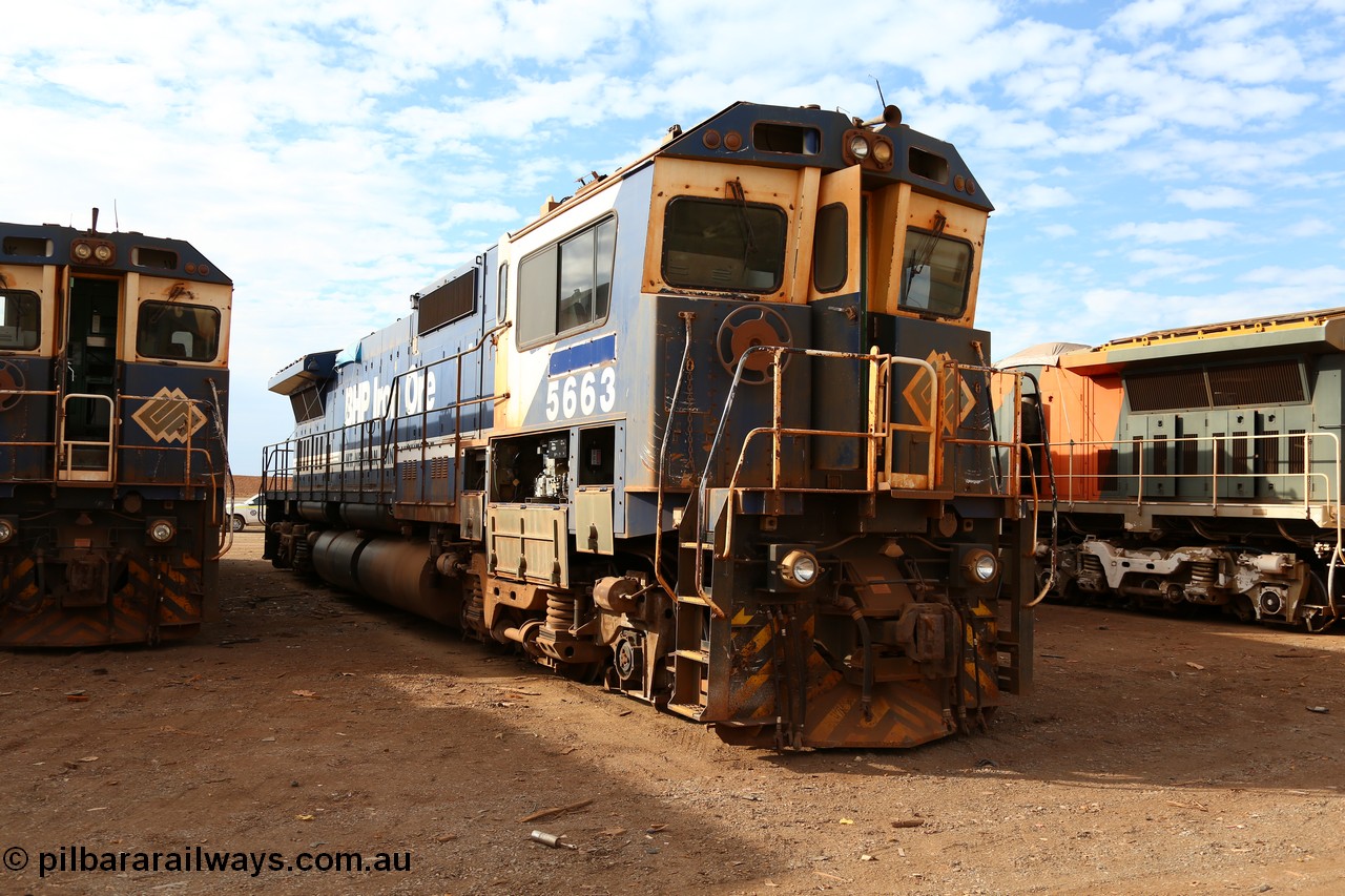 150522 8177
Wedgefield, Sims Metal yard, Goninan WA rebuild CM40-8M unit 5663 serial 8412-08 / 94-154, this unit was rebuilt without a cab and this cab was later retrofitted, was originally AE Goodwin NSW built ALCo M636 unit 5476 serial C6087-8. Photo of the removed cab can be [url=http://pilbararailways.com.au/gallery/displayimage.php?pid=9261] seen here [/url].
Keywords: 5663;Goninan;GE;CM40-8ML;8412-08/94-154;rebuild;AE-Goodwin;ALCo;M636C;5476;G6047-8;