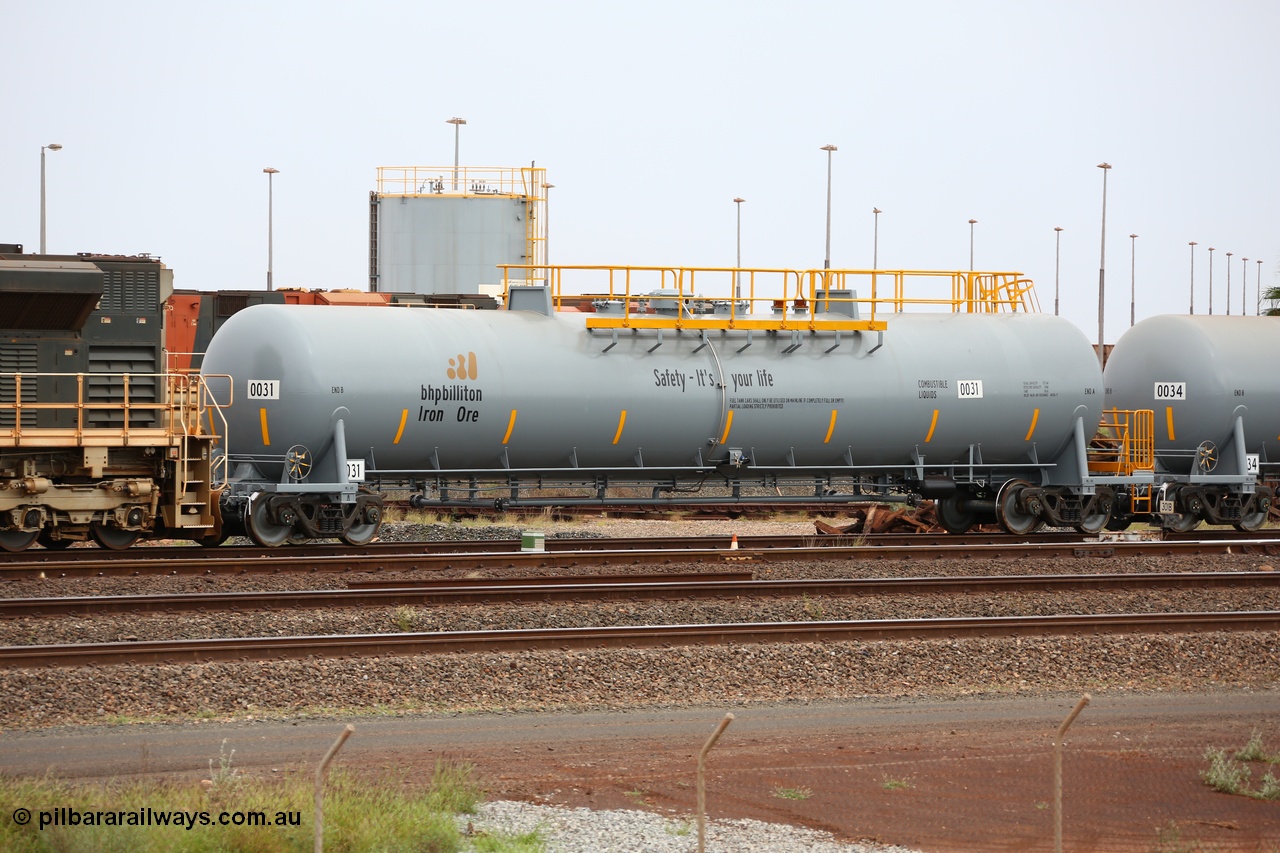 150523 8207
Nelson Point Yard, BHP Billiton diesel fuel tank waggon 0031 with safety slogan 'Safety - It's your life', total capacity of 117 m3 for a nominal capacity of 113 m3 built in China by CNR - QRRS.
Keywords: CNR-QRRS-China;BHP-tank-waggon;