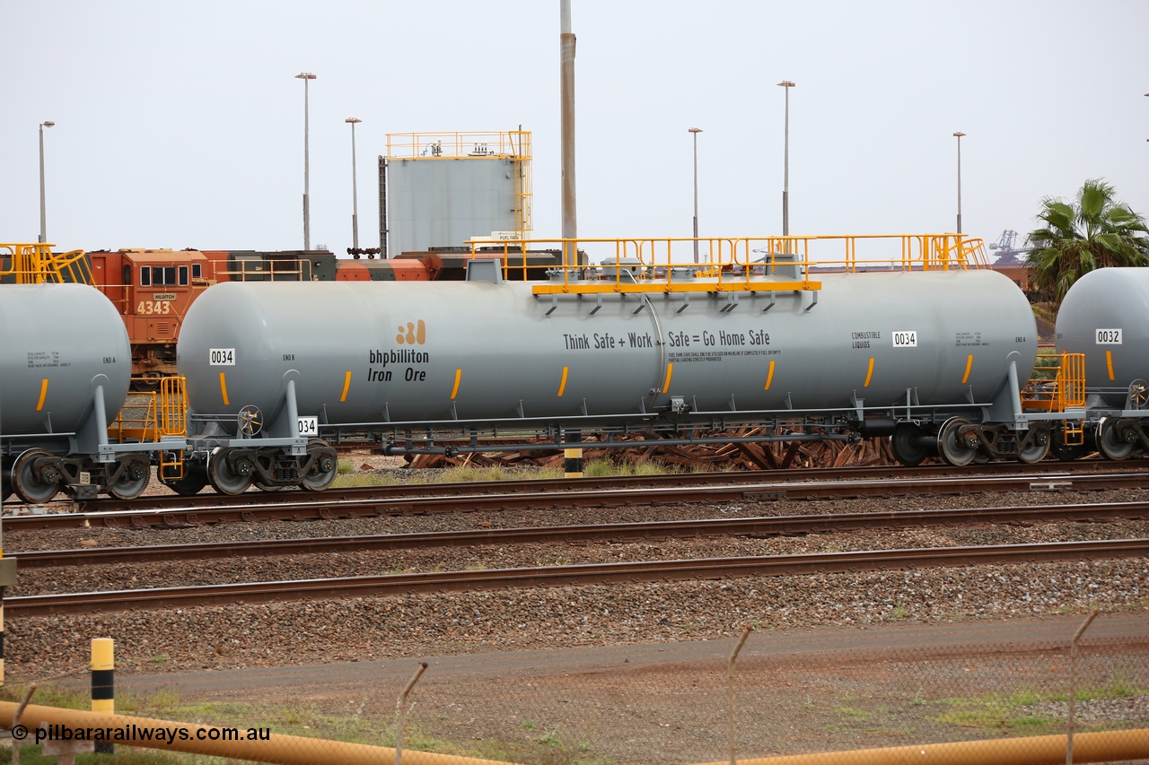150523 8209
Nelson Point Yard, BHP Billiton diesel fuel tank waggon 0034 with safety slogan 'Thank Safe + Work Safe = Go Home Safe', total capacity of 117 m3 for a nominal capacity of 113 m3 built in China by CNR - QRRS.
Keywords: CNR-QRRS-China;BHP-tank-waggon;