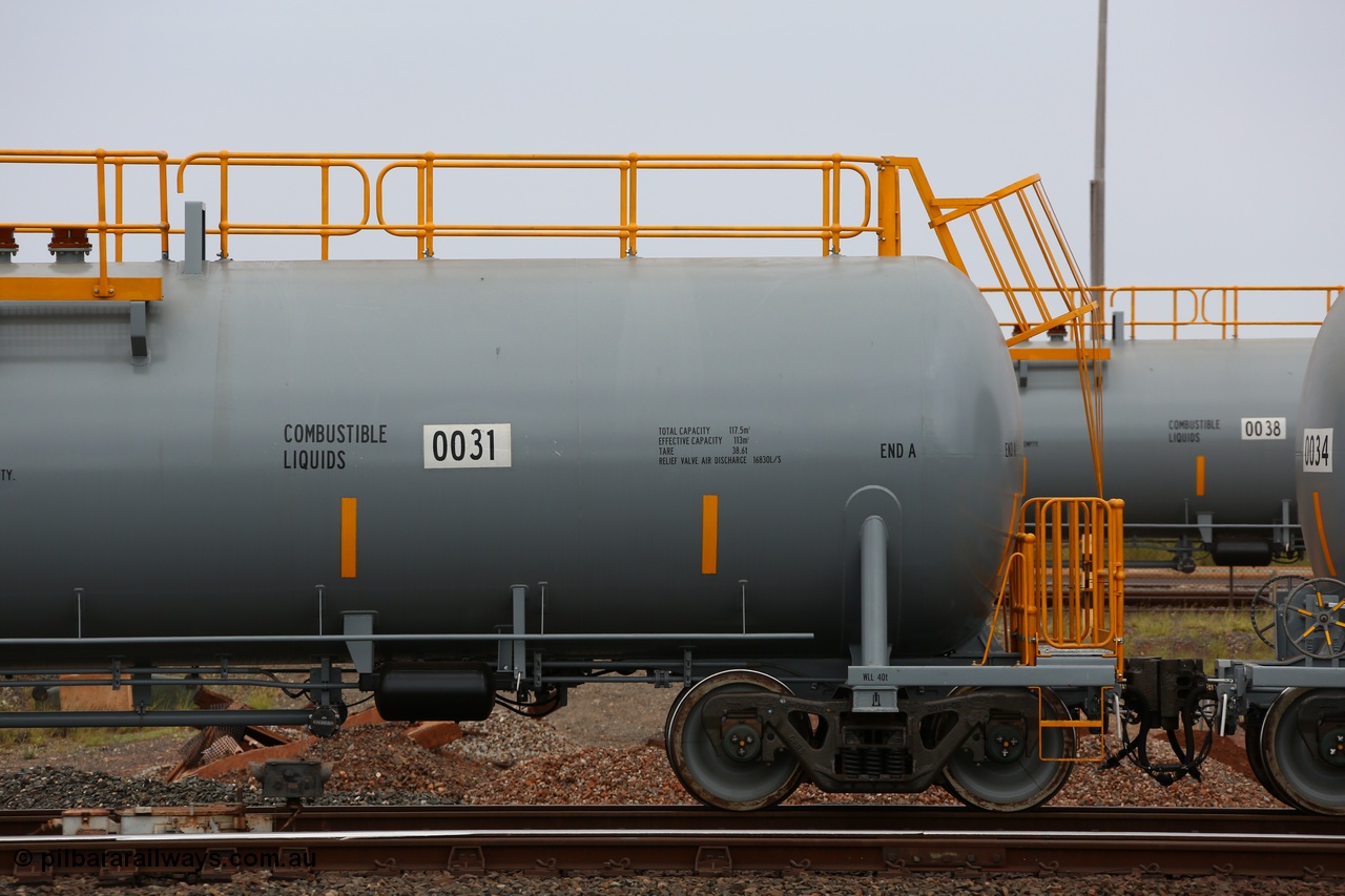 150523 8213
Nelson Point Yard, BHP Billiton diesel fuel tank waggon 0031, view of A End, tare of 38.6 tonnes, total capacity of 117 m3 for a nominal capacity of 113 m3 built in China by CNR - QRRS.
Keywords: CNR-QRRS-China;BHP-tank-waggon;