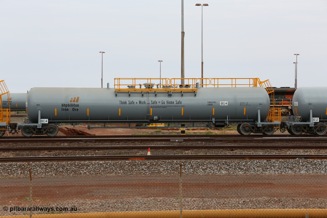 150523 8215
Nelson Point Yard, BHP Billiton diesel fuel tank waggon 0034 with safety slogan 'Thank Safe + Work Safe = Go Home Safe', total capacity of 117 m3 for a nominal capacity of 113 m3 built in China by CNR - QRRS.
Keywords: CNR-QRRS-China;BHP-tank-waggon;