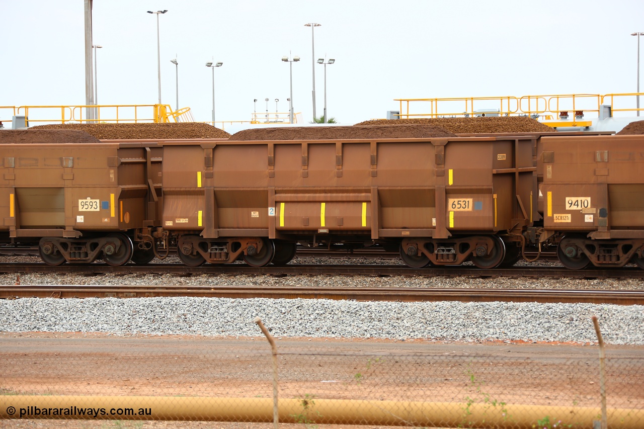 150523 8244
Nelson Point Yard, loaded ore waggon 6531, a Golynx style waggon built by Goninan in 2007 with asset number of 2038898 out of 5Cr12Ti stainless steel which does away with the need to paint the waggon interiors to prevent wear.
Keywords: Goninan-Golynx;BHP-ore-waggon;
