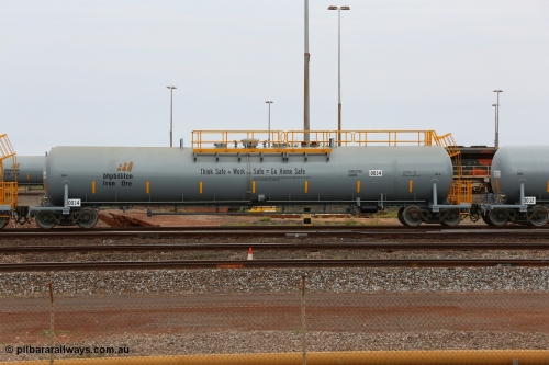 150523 8215
Nelson Point Yard, BHP Billiton diesel fuel tank waggon 0034 with safety slogan 'Thank Safe + Work Safe = Go Home Safe', total capacity of 117 m3 for a nominal capacity of 113 m3 built in China by CNR - QRRS.
Keywords: CNR-QRRS-China;BHP-tank-waggon;