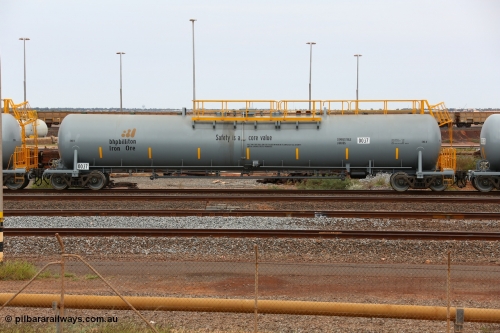 150523 8223
Nelson Point Yard, BHP Billiton diesel fuel tank waggon 0037 with safety slogan 'Safety is a core value', total capacity of 117 m3 for a nominal capacity of 113 m3 built in China by CNR - QRRS.
Keywords: CNR-QRRS-China;BHP-tank-waggon;