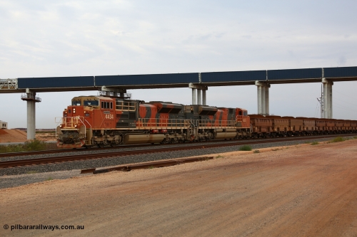 150523 8274
Finucane Island, loaded train arriving at the Island behind Progress Rail SD70ACe unit 4434 'Koombana' serial 20128866-003 and same batch sibling 4435 serial 20128866-004 train is running under new Roy Hill conveyor and road bridge. Geodata: [url=https://goo.gl/maps/c1KCYY62oRx] -20.3363383 118.5497850 [/url].
Keywords: 4434;Progress-Rail-Muncie-USA;EMD;SD70ACe/LCi;20128866-003;