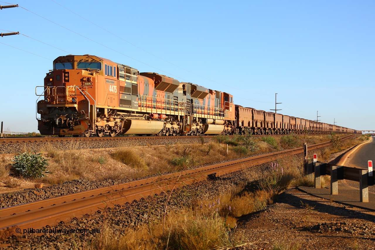 170726 9445
Finucane Island, sitting on the CD4 road, a loaded BHP iron ore train behind Progress Rail Muncie USA built SD70ACe/LCi unit 4475 'Mick Le Flohic' serial 20148001-008 with a sister unit as they await entry into he car dumper to unload. 26th July 2017.
Keywords: 4475;Progress-Rail-Muncie-USA;EMD;SD70ACe;20148001-008;