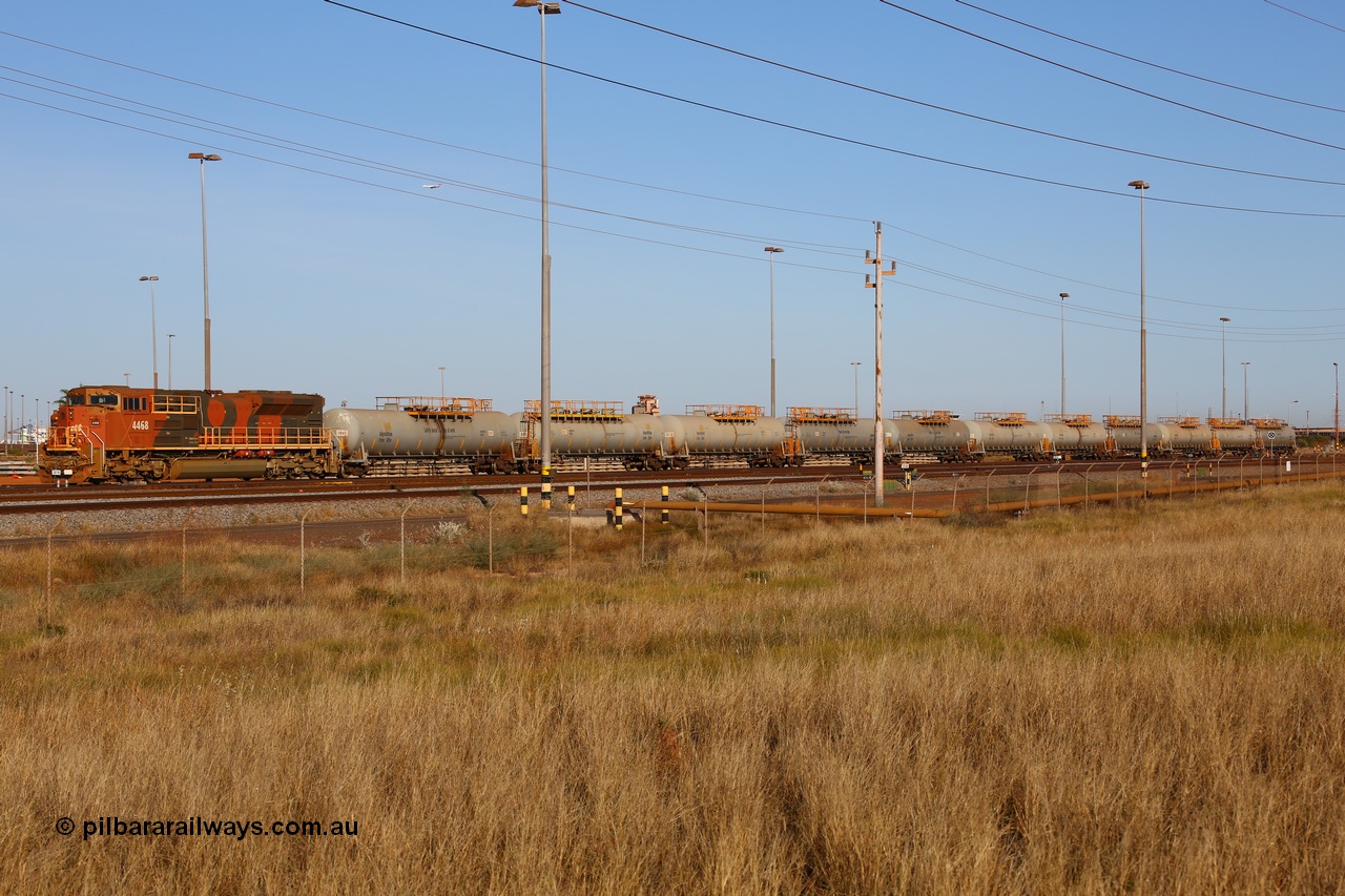 170727 9516
Nelson Point, BHP empty fuel train sits in the middle yard waiting to shunt the waggons across to the gantry to be reloaded for their next run to the mine, behind Progress Rail Muncie USA built EMD unit SD70ACe/LCi 4468 serial 20148001-001 and eleven 100,000 litre tank waggons. 27th July 2017.
Keywords: 4468;Progress-Rail-Muncie-USA;EMD;SD70ACe/LCi;20148001-001;