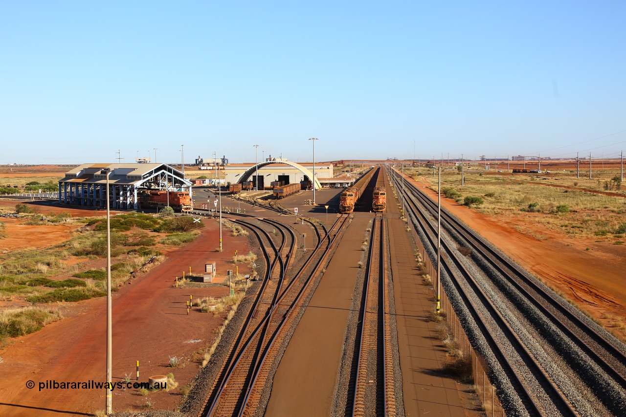 170727 9526
Boodarie Yard, BHP 's service facility for the Finucane Island operations, on the left are the fuelling and sanding roads, workshops and shed and then the departure roads, on the right are the mainlines, behind the workshops the FMG car dumpers can be made out. 27th July 2017.
