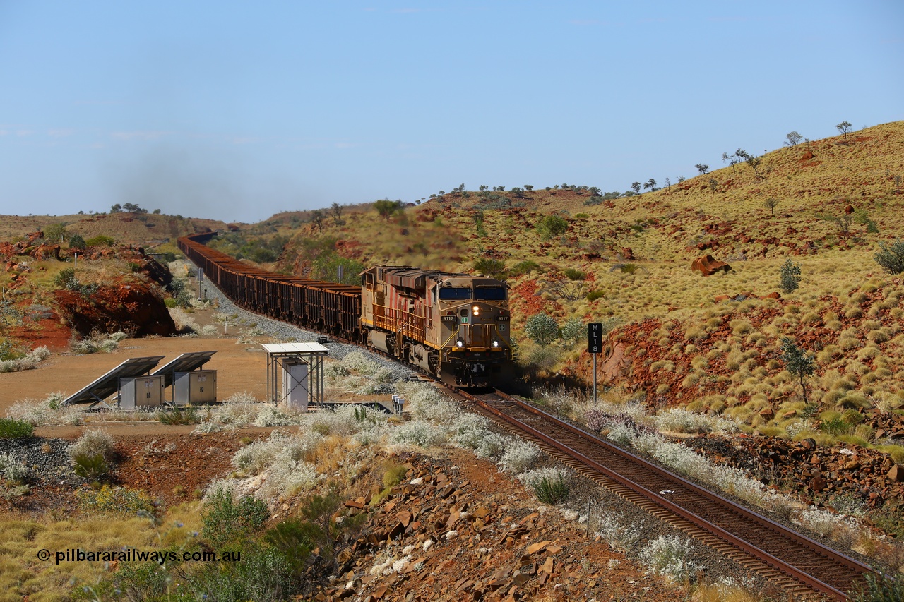 170729 0303
Maitland Siding on the former Robe River line an empty Mesa A bound train behind the standard Rio Tinto motive power for this line, double General Electric built ES44ACi units, 9117 serial 63830 and sister unit 9115 pull out of the passing siding and onto the mainline. 29th July 2017. [url=https://goo.gl/maps/CNgRRqCioHp]GeoData[/url].
Keywords: 9117;63830;GE;ES44ACi;