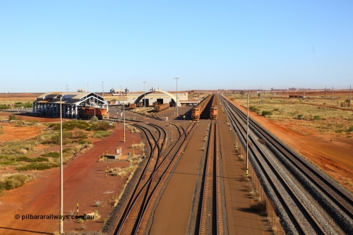 170727 9526
Boodarie Yard, BHP 's service facility for the Finucane Island operations, on the left are the fuelling and sanding roads, workshops and shed and then the departure roads, on the right are the mainlines, behind the workshops the FMG car dumpers can be made out. 27th July 2017.
