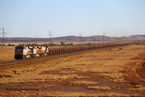 170728 09697
Arches Siding on the Robe line sees empty train behind Rio Tinto 8109 serial 58005 a General Electric built ES44DCi unit with sister 8178 in Rio stripes and stablemate 9433 on approach to the 25 km grade crossing. 28th July 2017. [url=https://goo.gl/maps/qv4eMQ6AbbT2]GeoData[/url].
Keywords: 8109;GE;ES44DCi;58005;