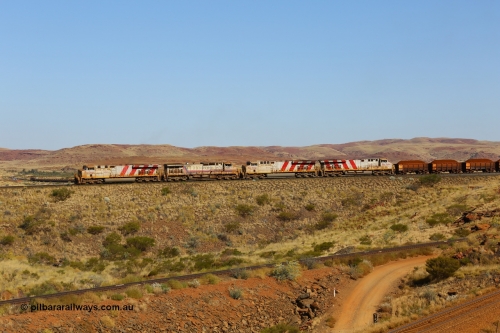 170728 09895
Western Creek, the disabled Mesa A train gets underway with relief power from General Electric built ES44DCi unit 8137 serial 59140 and Dash 9-44CW unit 7082 as the operate the train with the two ES44ACi units isolated. An empty train can be seen climbing the grade up through Emu. 28th July 2017. [url=https://goo.gl/maps/vvUWXEgppNM2]GeoData[/url].
Keywords: 8137;GE;ES44DCi;59140;