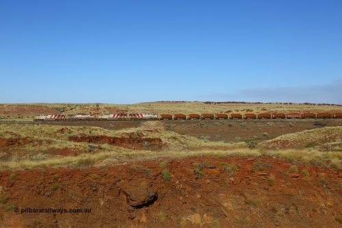 170728 09906
Western Creek, the disabled Mesa A train gets underway with relief power from General Electric built ES44DCi unit 8137 serial 59140 and Dash 9-44CW unit 7082 as the operate the train with the two ES44ACi units isolated. 28th July 2017. [url=https://goo.gl/maps/vvUWXEgppNM2]GeoData[/url].
Keywords: 8137;GE;ES44DCi;59140;
