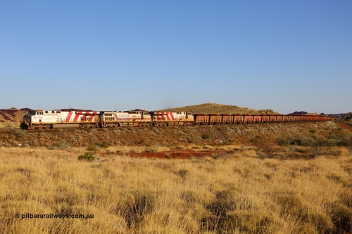 170728 10030
Harding Siding, arriving around the large curve at the 46 km on the Robe line is General Electric built ES44DCi unit 8124 serial 59116 leading Dash 9-44CW unit 7094 and sister ES44DCi unit 8186 with a loaded train from Yandicoogina mine. 28th July 2017. [url=https://goo.gl/maps/UWpdYnq9CzL2]GeoData[/url].
Keywords: 8124;GE;ES44DCi;59116;