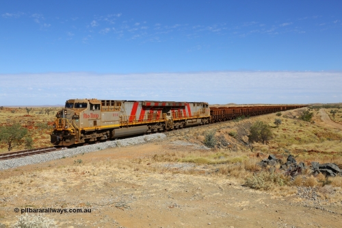 170729 0191
109 km on the former Robe River line a loaded Deepdale train heading for Cape Lambert behind the standard Rio Tinto motive power for this line, double General Electric built ES44ACi units, 9114 serial 62545 and sister unit 9101 serial 61939 drag upgrade. 29th July 2017. [url=https://goo.gl/maps/VnKyNqFvb7J2]GeoData[/url].
Keywords: 9114;GE;ES44ACi;62545;