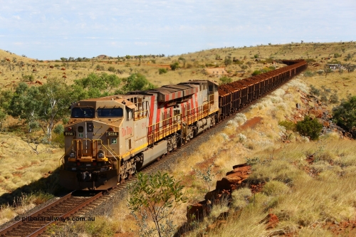 170729 0288
Maitland Siding on the former Robe River line a loaded Deepdale train heading for Cape Lambert behind the standard Rio Tinto motive power for this line, double General Electric built ES44ACi units, 9114 serial 62545 and sister unit 9101 serial 61939 have crossed the 96.2 km grade crossing. 29th July 2017. [url=https://goo.gl/maps/CNgRRqCioHp]GeoData[/url].
Keywords: 9114;GE;ES44ACi;62545;