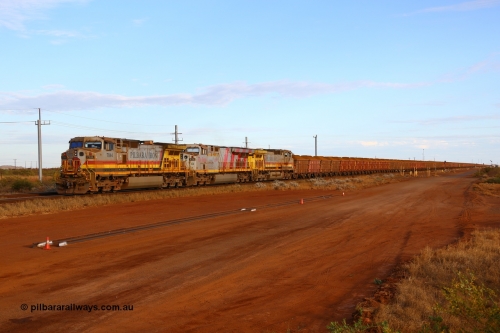 170729 0415
Seven Mile yard, a loaded train departs the yard for Parker Point dumpers behind General Electric built Dash 9-44CW unit 7044 serial 57095 in Pilbara Iron livery with HI reporting marks, ES44DCi unit 8134 in Rio Tinto stripes and another Dash 9-44CW unit 9407 in Pilbara Rail livery with Robe reporting marks. 29th July 2017. [url=https://goo.gl/maps/nSD3qYLHE462]GeoData[/url].
Keywords: 7044;GE;Dash-9-44CW;57095;