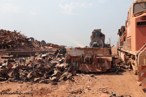 141027 5879
Wedgefield, Sell and Parker's metal recycling yard, the frame of an EMD SD40R unit is thermal lanced around the EMD 645 engine and alternator.
Keywords: EMD;SD40R;