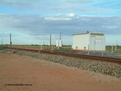 040407 072053
Goldsworthy Junction, looking south west, relay room with RFID readers on the post, also the site of the in-motion weighbridge. This was the single track section between both sets of switches for the Goldsworthy line to join and cross the Newman line. 7th April 2004.
