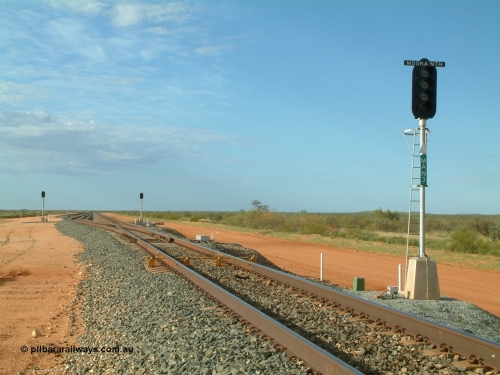 040407 075227
Mooka Siding, north end looking south past the arrival signal LED type MAN 3, DED 'dragging equipment detector' bars are visible before the turnout, passing track branching off to the left. 7th April 2004.
