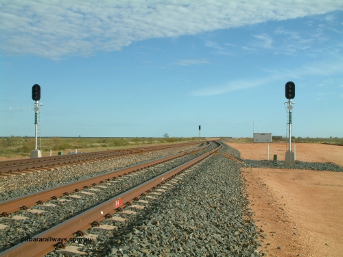 040407 075405
Mooka Siding, north end looking north, 31.4 km showing the standard layout of the track when it was single track with passing sidings, MAN 4 on the left is the mainline departure and MAN 6 in the passing track departure, all LED type. The DED 'dragging equipment detection' bars are visible along with the arrival signal and relay room. 7th April 2004.
