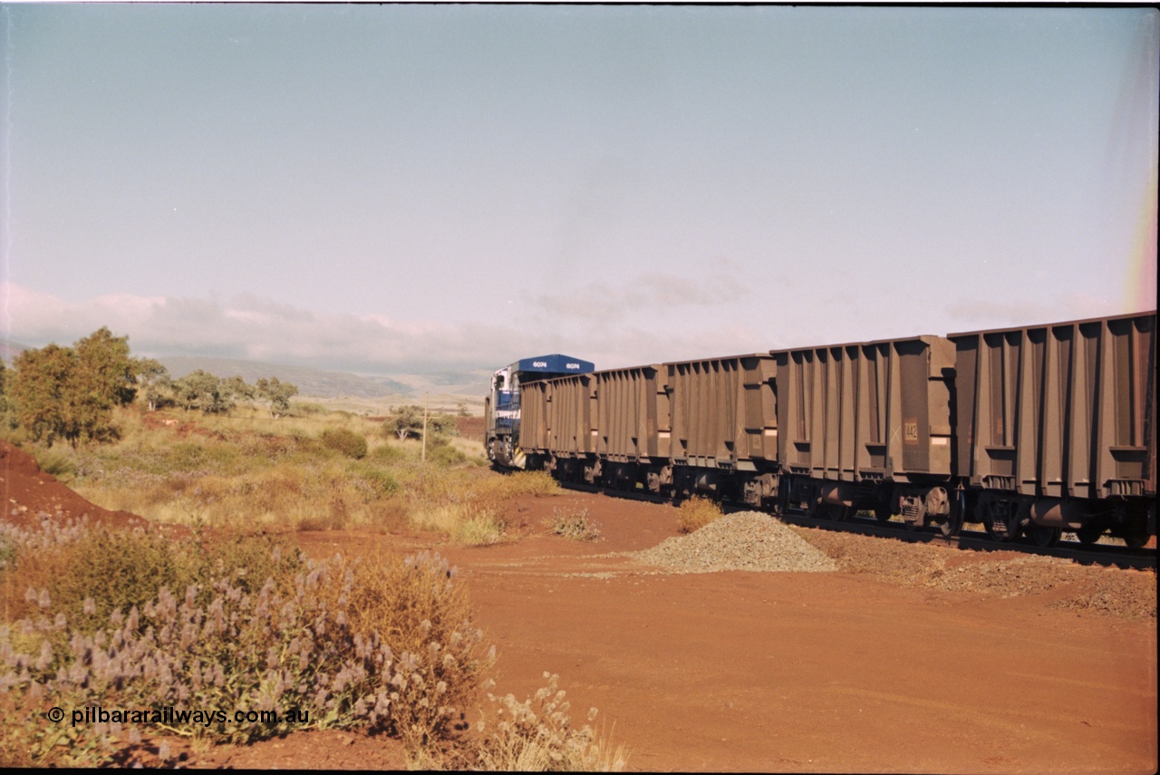 207-03
Yandi One balloon loop, Comeng WA built ore waggon 1442 coupled to a Goninan style waggon 4146 on the empty side of the load-out tunnel, August 1999.
Keywords: 1442;Comeng-WA;BHP-ore-waggon;