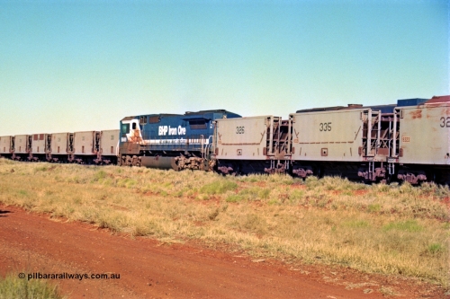 207-29
Hardie Siding, BHP Goninan GE rebuild CM40-8MEFI unit 5669 'Builen' serial 8412-02 / 95-160 runs down the passing track, USA built Gunderson smooth sided ore cars ex Phelps Dodge Copper Mine.
Keywords: 5669;Goninan;GE;CM40-8EFI;8412-02/95-160;rebuild;Comeng-NSW;ALCo;M636C;5486;C6084-2;