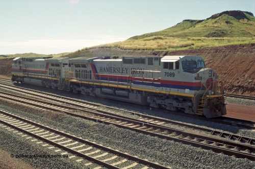 218-36
Yandicoogina or HIY as Hamersley Iron identify it, located 445 km from Parker Point yard in Dampier. Bank engine units General Electric Dash 9-44CW models 7089 serial 47768 and 7090 idle away waiting their next loaded train to push out.
Keywords: 7089;GE;Dash-9-44CW;47768;