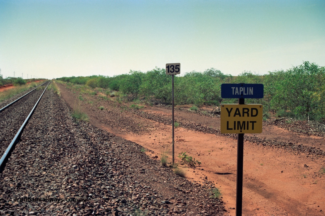 220-01
Taplin Siding, located between the 135 and 137.5 km on the former Goldsworthy Mining Ltd line, now part of the BHP Iron Ore network looking east from the 135 km post.
