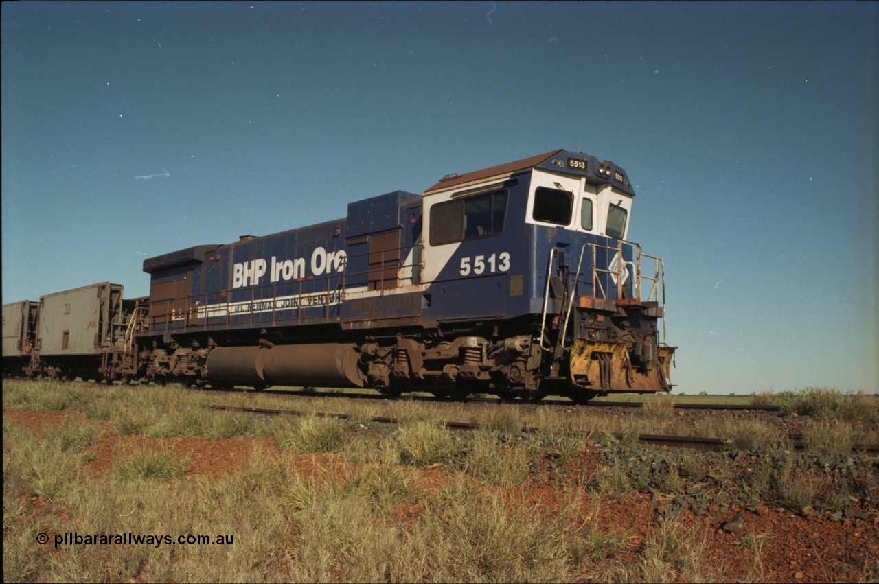 221-01
Hardie Siding, with the days of C36-7M operations numbered, Goninan rebuild 5513 serial 88-078 / 4839-02 from ALCo C636 5453 holds the mainline with a loaded train bound for Finucane Island.
Keywords: 5513;Goninan;GE;C36-7M;4839-02/88-078;rebuild;AE-Goodwin;ALCo;C636;5453;G6012-2;