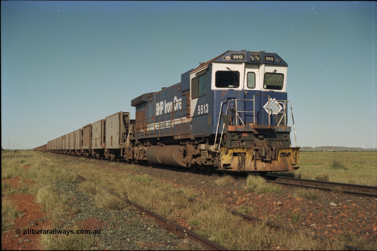 221-04
Hardie Siding, with the days of C36-7M operations numbered, Goninan rebuild 5513 serial 88-078 / 4839-02 from ALCo C636 5453 holds the mainline with a loaded train bound for Finucane Island.
Keywords: 5513;Goninan;GE;C36-7M;4839-02/88-078;rebuild;AE-Goodwin;ALCo;C636;5453;G6012-2;