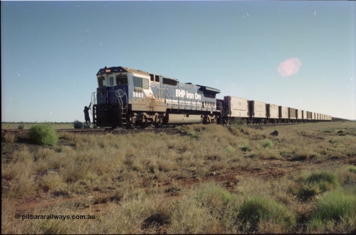 221-14
Hardie Siding, BHP Iron Ore Goninan rebuild unit CM40-8MEFI 5669 the last Dash 8 rebuilt for BHP and one of four fitted with an EFI prime mover, serial 95-160/8412-02, with the switch restored for the mainline the 2nd Person climbs aboard to continue on to Yarrie Mine.
Keywords: 5669;Goninan;GE;CM40-8EFI;8412-02/95-160;rebuild;Comeng-NSW;ALCo;M636C;5486;C6084-2;