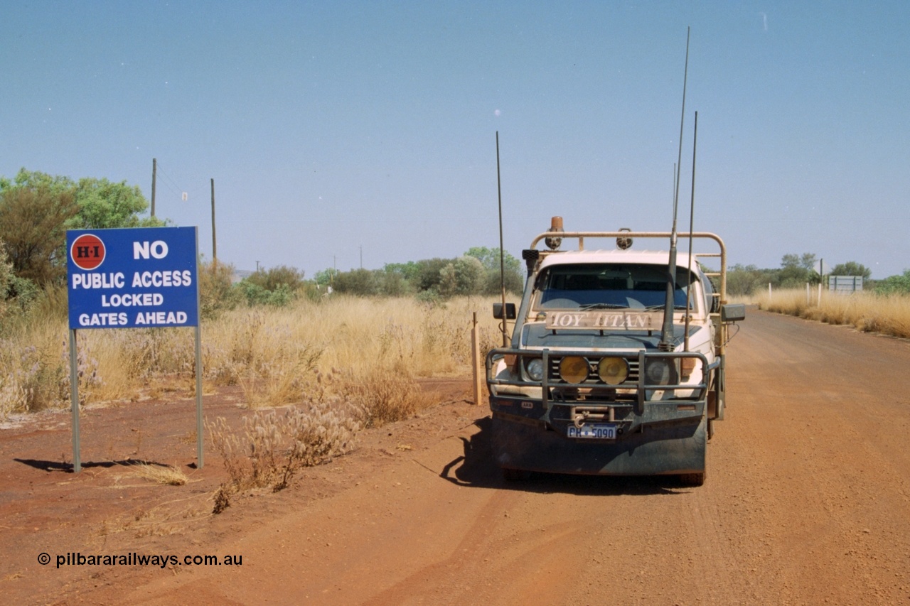 223-02
Rosella Siding, the HI Access Road and locked gate sign with the Toy Titan HJ75 Toyota Landcruiser. 21st October 2000.
