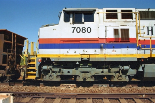 223-19
Possum Siding, left hand side cab view of Hamersley Iron loco 7080 a General Electric built Dash 9-44CW serial 47759. 21st October 2000.
Keywords: 7080;GE;Dash-9-44CW;47759;