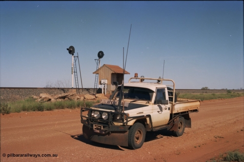 227-35
25 km signal location on the BHP Newman mainline. 25 S for south bound trains, the other signal is 25 N. Toyota tray back. [url=https://goo.gl/maps/wLVbPJhpBm92]GeoData[/url].
