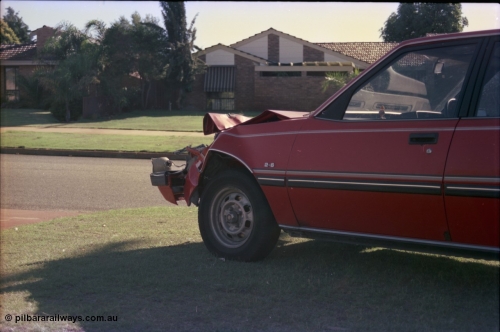 228-02
Noranda, Perth, a Sigma sedan after running up the arse of my HJ75 Landcruiser. Only damage to the ute was a numberplate!
